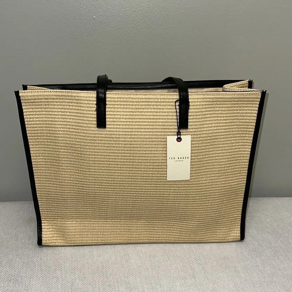 TED BAKER The Icon Palmer Tote Ivory Straw Black Faux Leather Embroidered Logo